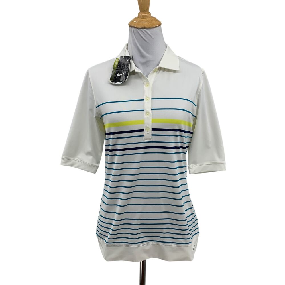 Nike Golf Shirt Women Small White Teal Tour Performance Standard Dri Fit Striped